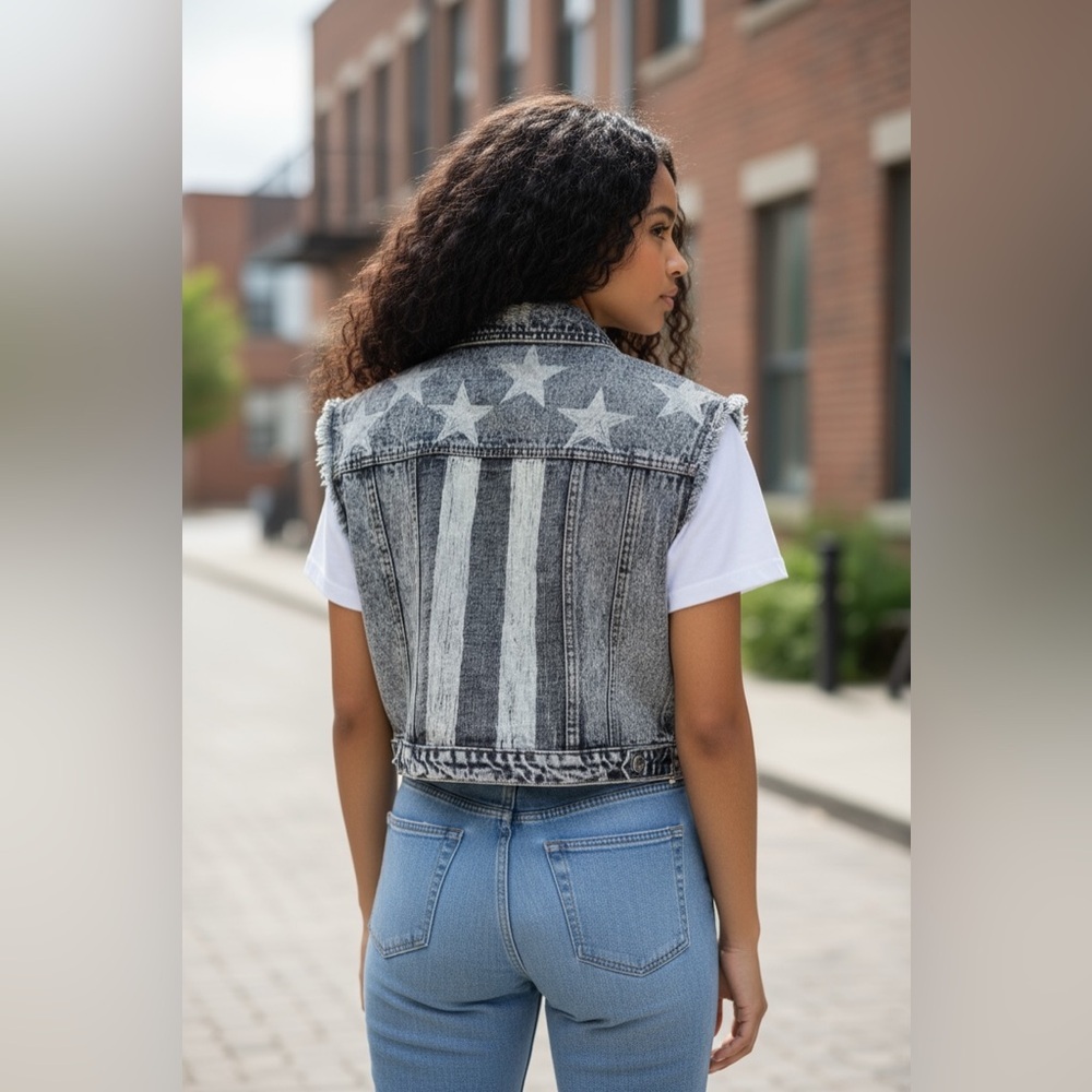 POL HOST PICK 🎉🎉🎉🎉Distressed American Flag 🇺🇸 Sleeveless Jean Jacket PTP 20 L 15